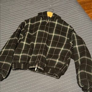 Aritzia hooded TNA Black Green and White Plaid Jacket